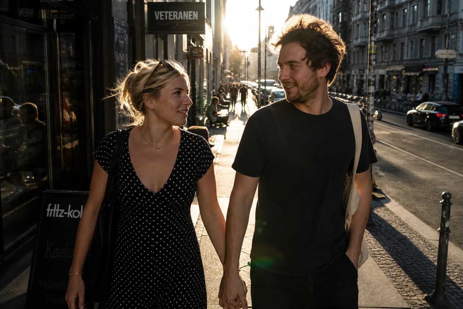 A couple walking together on a sunlit city street